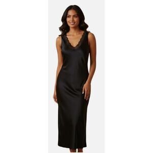 Nicole Miller Black Silky V-Neck Midi Dress Size 8 NWT Slip Lingerie Style